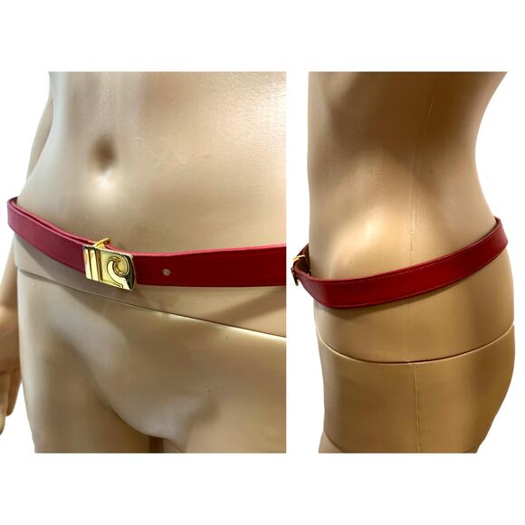 70s Pierre Cardin Red Leather Skinny Belt w Gold Logo Buckle | 31.5 - 37\